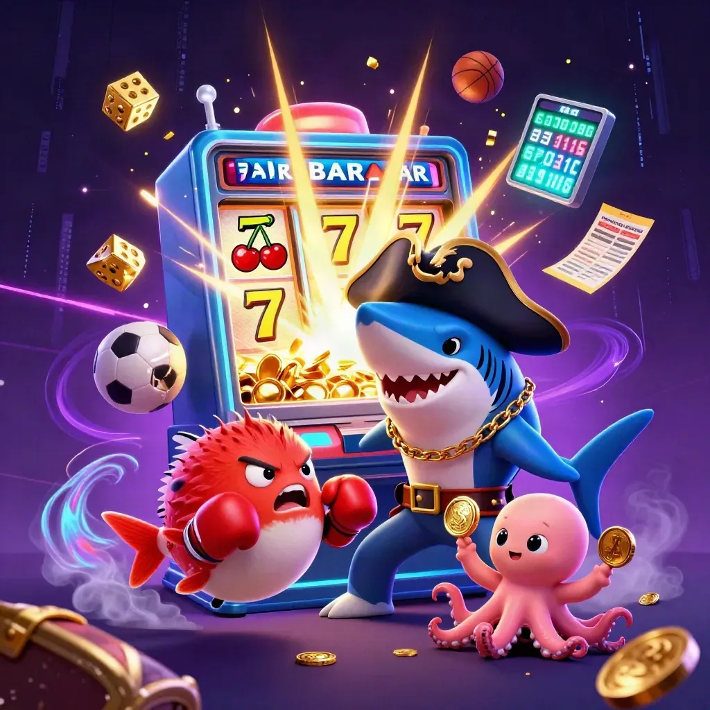 Piratshark, pufferfisk och bläckfisk bland slotsymboler och guld i neon