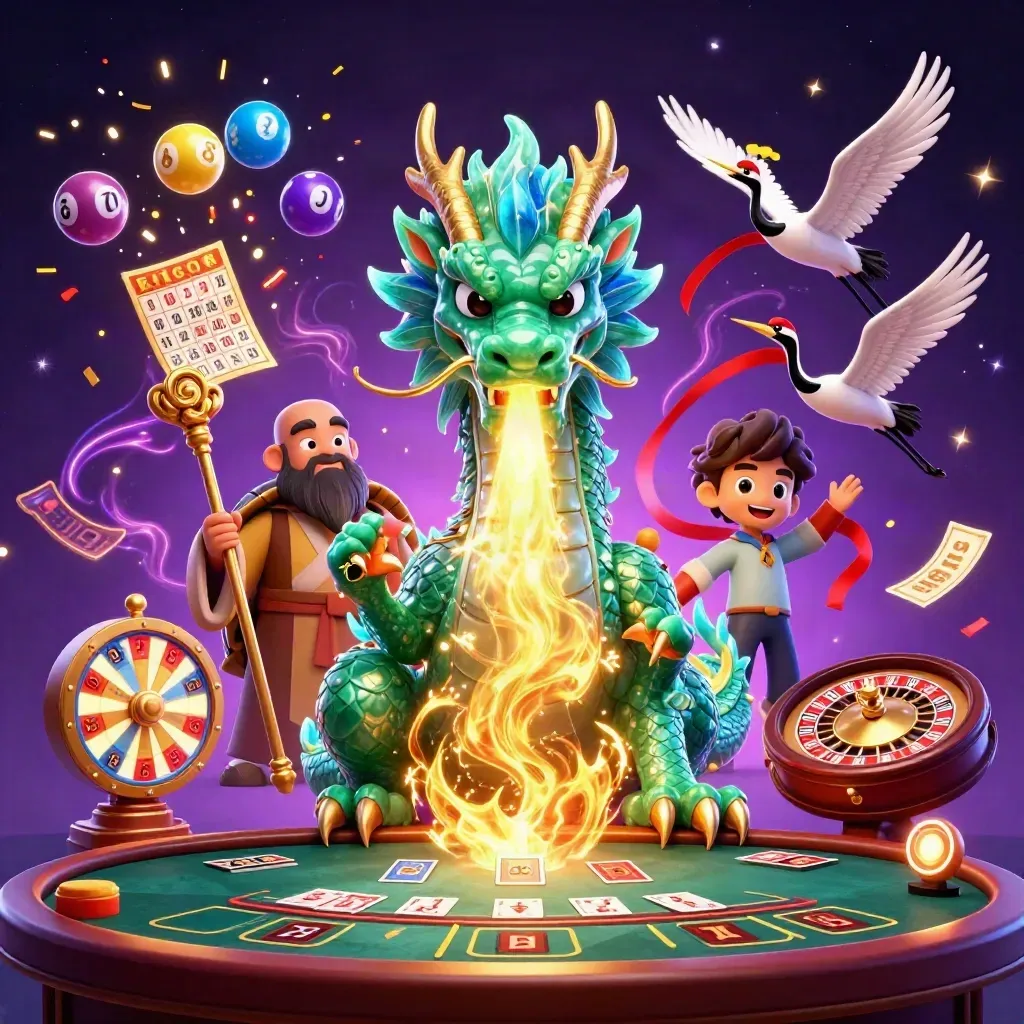 Drake, sköldpadda och tranor i magiskt casino med ljuseffekter