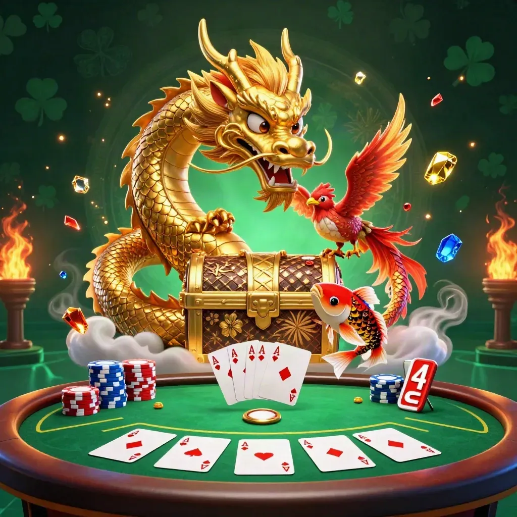 Gul drake med liten fågel och karp kring pokerspel och skatter i mörk neonstil.